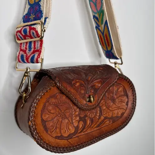 Vintage 1970s Tooled Leather Floral Crossbody Bag with Embroidered Strap Brown
