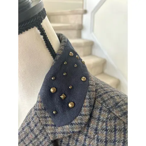 Sundance Grey Wool Plaid Faux Navy Suede Studded Trimmed Collar Blazer