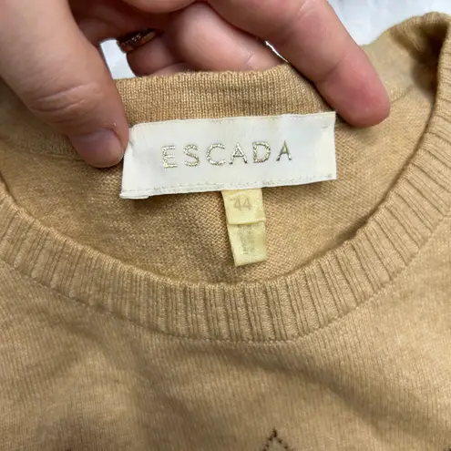 ESCADA Vintage Argyle Sweater Vest Womens Large Wool Cashmere Silk Academia Twee Tan