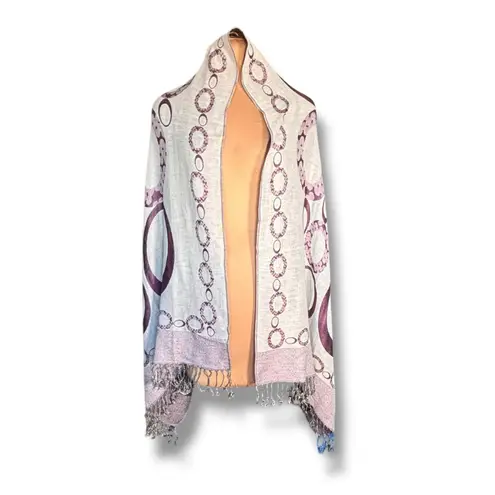 None Purple Reversible Geometric Circle Print Fringe Shawl Scarf Wrap Versatile