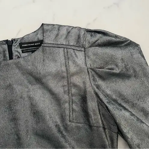 Something Navy Foil mini dress Sz Medium Silver metallic puff sleeves Rave party