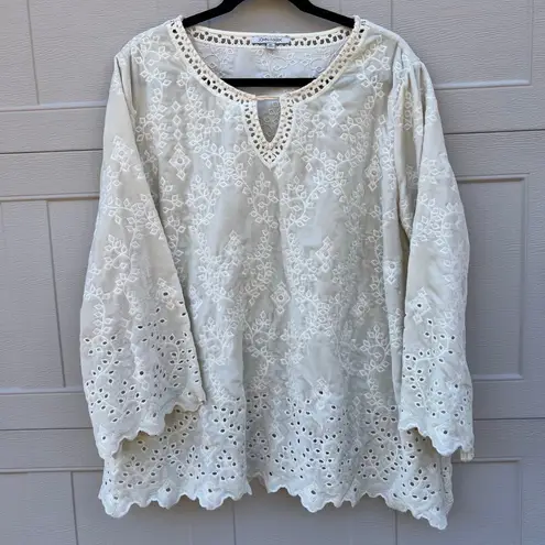 John Mark Velvet Eyelet Embroidered Flare 3/4 Sleeve Tunic Top Ivory White XL