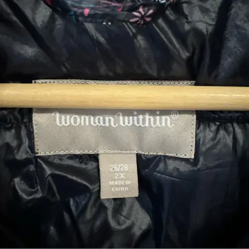 Woman Within floral navy packable puffer vest plus size 2X