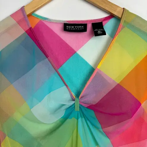 Y2K Rainbow Sheer Mesh Printed Top Sz XL Pink