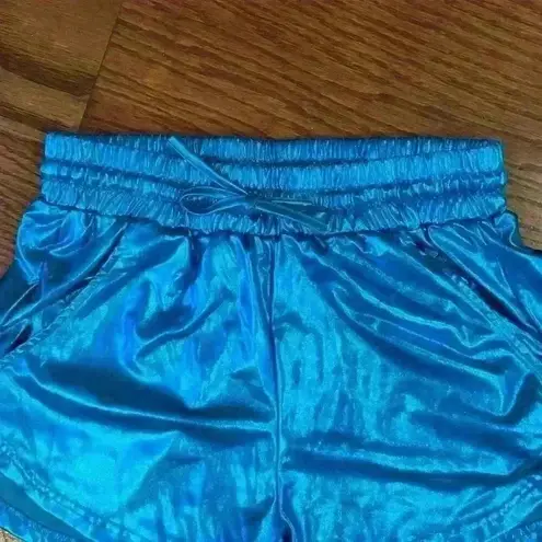 Hot Shorts Shiny Metallic Elastic Drawstring Pockets Size Medium Disco 80s Rave Blue