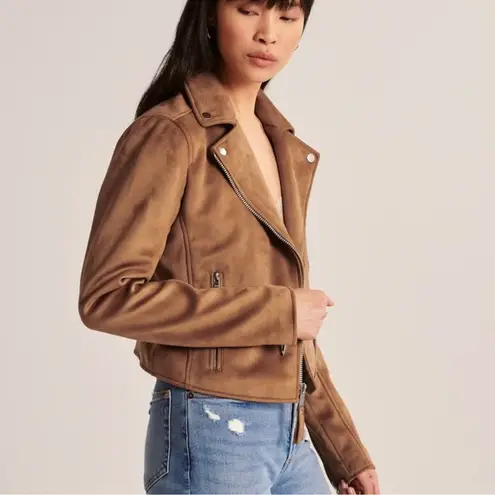 Abercrombie & Fitch A&F Vegan Leather Suede Camel Tan Brown Moto Biker Cropped Jacket *like new*