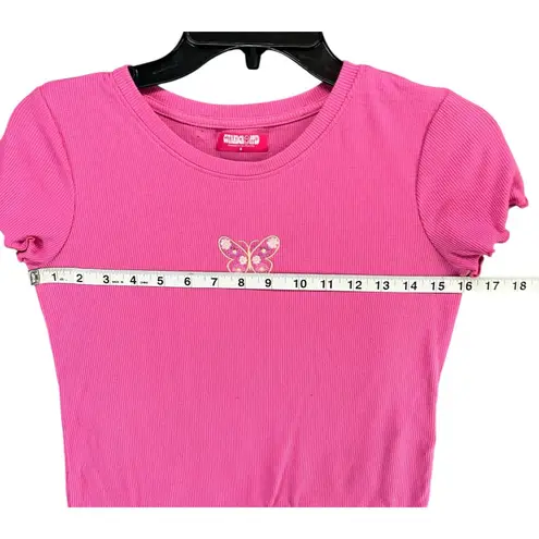 Cut and cropped Baby Tee Womens S Pink Ribbed Embroidered Butterfly Barbie Y2K