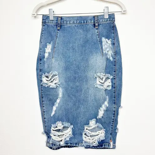 One Teaspoon  Free Love Distressed High Waist Knee Length Denim Pencil Skirt