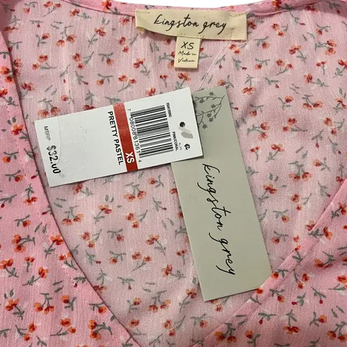 Kingston Grey (XS Juniors) Pretty Pastel Floral Ruffle Sleeve V Neck Peplum Top Pink