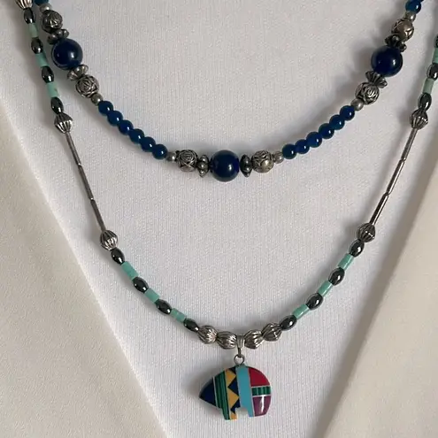 Vintage Multi Gemstone Silver Tube Bead Native American Bear Charm Necklace Set