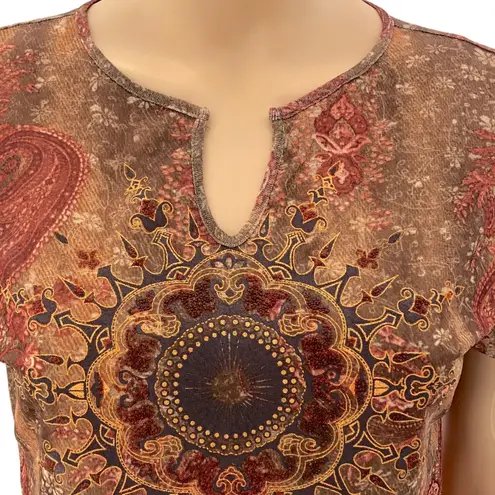 Gloria Vanderbilt Y2K MEDIUM Sheer Henna Indian Art Paisley Floral Top Tee Shirt