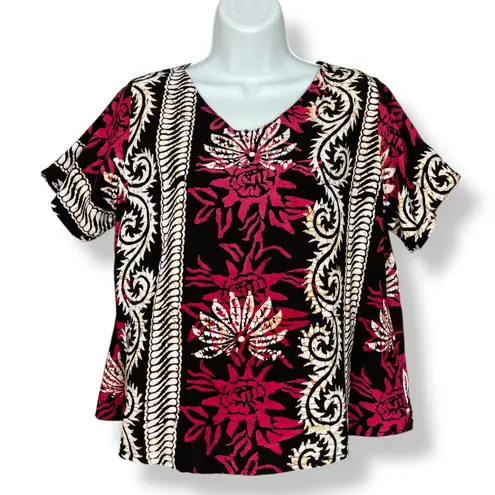 Indonesian Batik Blouse Women Top Pink Short Sleeve Medium Boxy Floral Boho