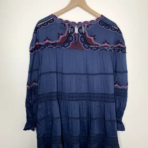 Johnny Was Reina Midi Dress Womens Large Linen-Blend Blue Embroidered