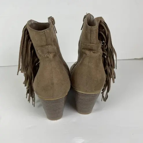 Diva Lounge Woman's Sz 10 Faux Suede Fringe Stack Heeled Ankle Booties Fall Brown