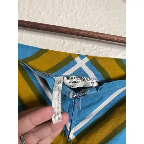 Vintage 1972 Marimekko Grid Pattern Cotton Maxi Dress Blue Yellow Womans 40/12