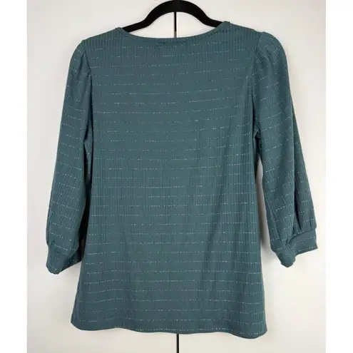 89th Madison Teal Ribbed Puff Sleeve Top with Sparkle Size S Feminine Chic Green
