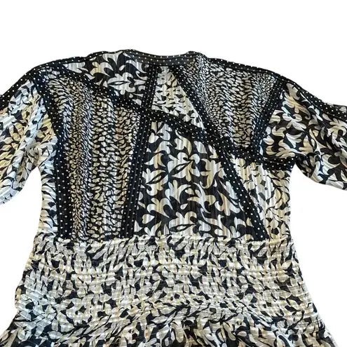 Diane Freis Georgette Black White Floral Dress Smocked Waist Asymmetrical Large