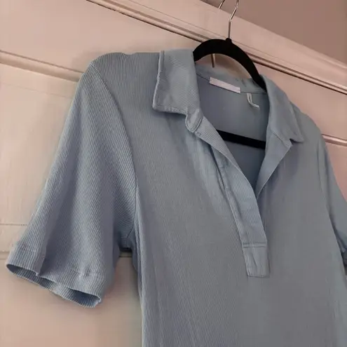 Helmut Lang Collared Baby Blue Rib Knit Midi Dress Shirt Dress Size Large Ribbed