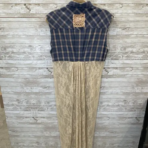 Vtg Gypsy South Atlanta L Reworked Sleeveless Plaid Lace Tunic Vest & Shirt Y2K Blue Size L