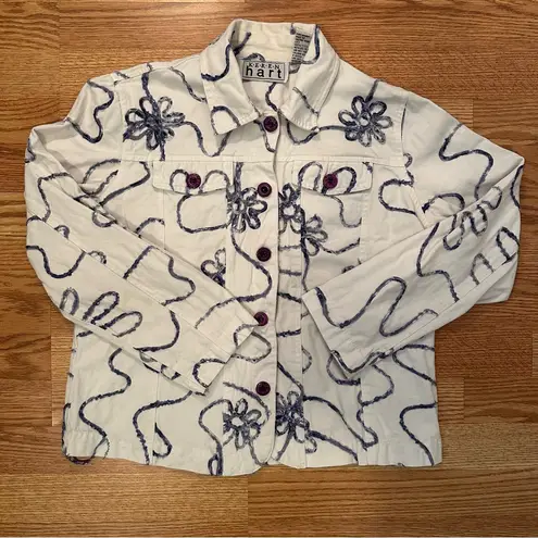 Y2K Karen Hart White and Blue Floral Embroidered Jacket 100% Cotton Size S