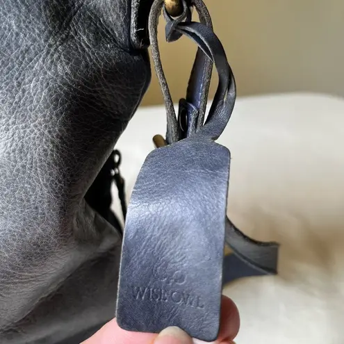 Wise Owl Leather Crossbody Bag Faded Navy Blue Brass Zip Vintage Unisex Satchel Black