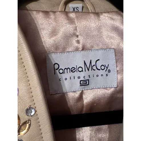 Pamela McCoy Collections Beaded Leather Jacket Tan Mandarin Collar Zip Front XS