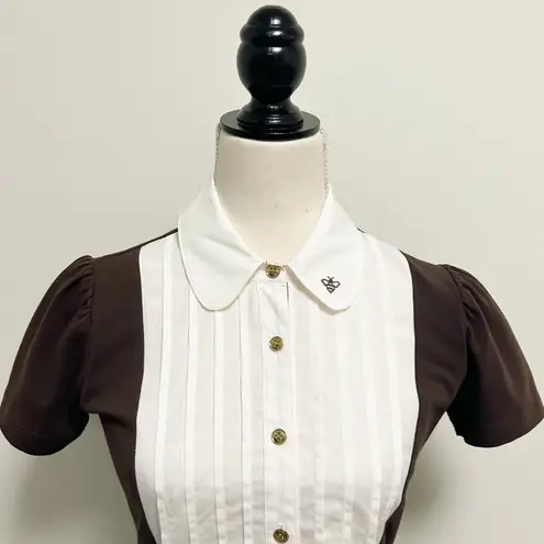 Birdie Bee Brown White Pleated Button Up Short Puff Sleeve Collared Top XS