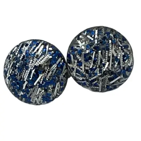 Vintage confetti blue & silver acrylic button screw back earrings Blue