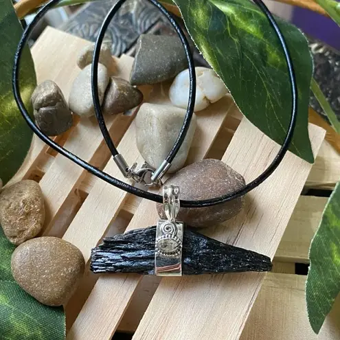 Handmade Black Kyanite & Herkimer Diamond Solid Sterling Silver Pendant Necklace