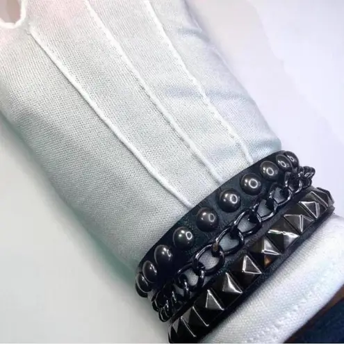 2 PCs faux leather chain spike studded Bracelets — Black