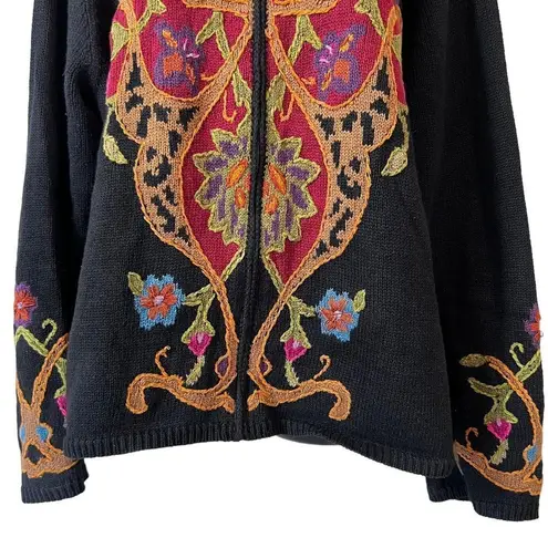 Coldwater Creek Vintage  Black Floral Embroidered Zip Cardigan Sweater