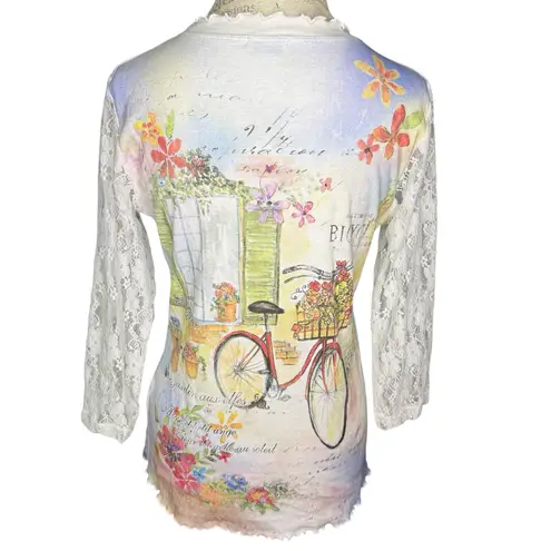 Cactus Vintage Brand Lace Sleeve Blouse Top Floral Bicycle Print Lettuce Hem Med