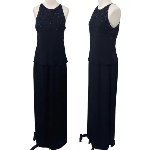 Vintage 90s Layered Beaded Jumpsuit Flowy Wide Leg Silky Chiffon Halter Black M Size M