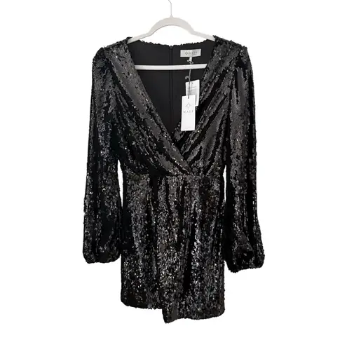 WAYF NEW Carrie Long Sleeve Sequin Minidress Small Black Party Sparkle