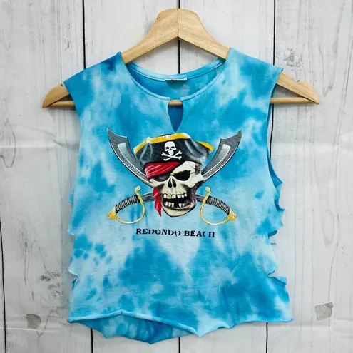 American Vintage VINTAGE 90s Pro West SMALL Redondo Beach Pirate Skull Blue Tie Dye Crop Top