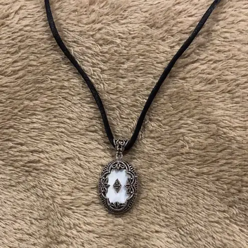 JACK JUDITH Silk Necklace & Marcasite Embellished Silver Mother of Pearl Pendant