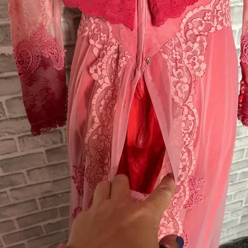 Alfred Angelo Vintage 70s Victorian illusion lace ruffle pink red wedding dress