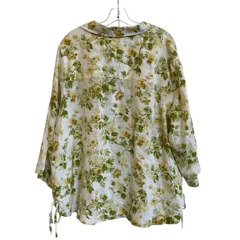 Laura Ashley Floral Linen Tunic Top 3/4 Sleeve Collared Blouse 3X NWOT