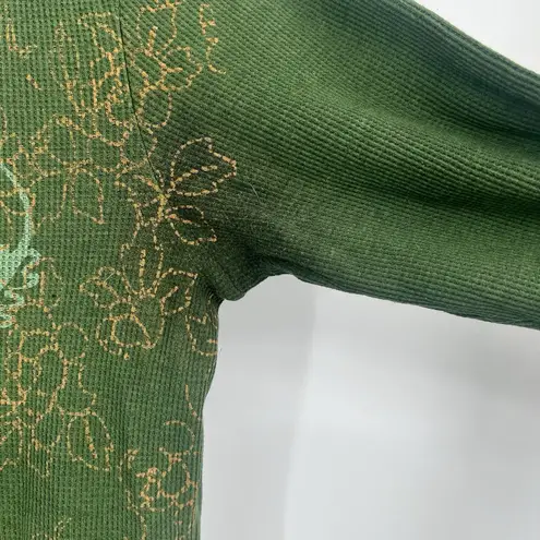 Y2K Green Long Sleeve Waffle Knit Shirt Tunic Large Graphic Size M