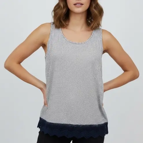 Maison Jules Striped Tank Top Lace Trim Navy White Size Medium