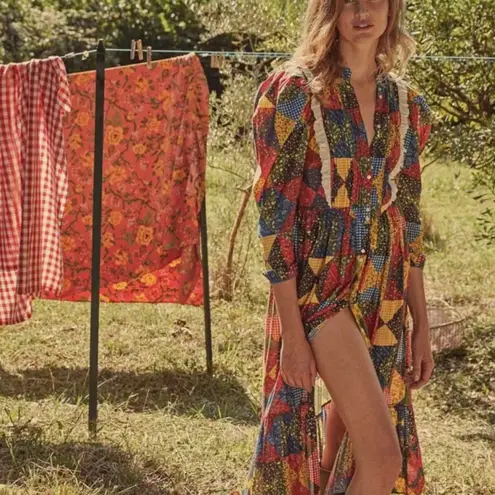 Doen Nicoletta Patchwork Print Organic Cotton Midi Dress Size XS