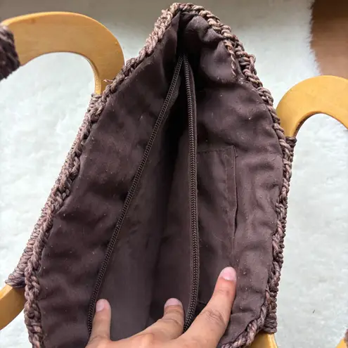 White Stag Brown Woven Raffia Handbag Wooden Handles Vintage Style Purse Tote Bag