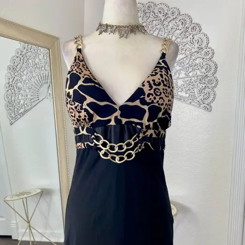 Early 2000's Black Gold Chain Mesh Animal Print Midi Party Dress M Size M