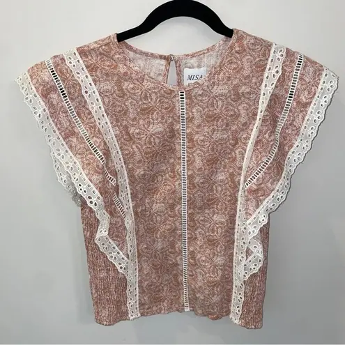 MISA Los Angeles Nilu Eyelet Lace Linen Top in Washed Tile Dusty Rose Small NWT