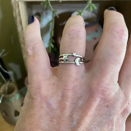 Moon And Star Open Adjustable Sterling Sliver Ring Silver