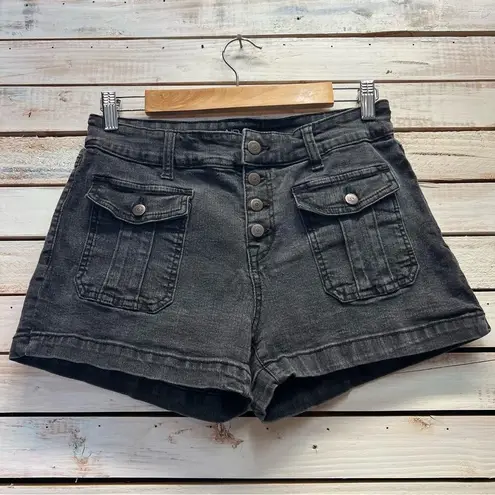 NOBO Black Denim Shorts Women's Mid Rise Button Fly Y2K WhimsyGoth Grunge Sz 9