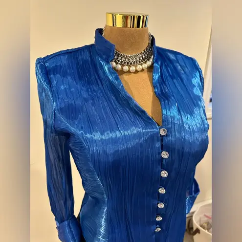J.R Night By Cailiendo Blue Satin Rhinestone Buttons. Sheer Cuffed Sleeves Sz 8