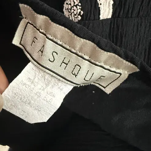 Artsy BOHO Black Top Women Size S Fish Doodle Print Crinkle Art To Wear Fashque