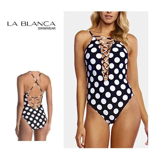 La Blanca New. polka dot plunge neck swimsuit. MSRP $139. Size 14