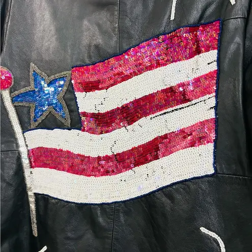 Black Leather Jacket with USA Flag, Red Stars, Small